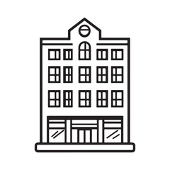 Minimalist black and white line art vector illustration of a traditional city building, featuring multiple windows and a unique gabled roof.