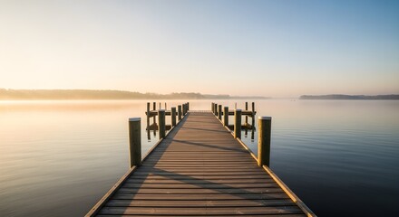 Wooden Pier Leading to Still Lake at Dawn – Tranquil Empty Space with Nature Focus