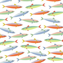 Naklejka premium Seamless pattern with hand drawn colorful sardines. Playful marine background. Mediterranean seafood wallpaper. Nautical ocean illustration for kitchen, packaging, summer coastal fabric.