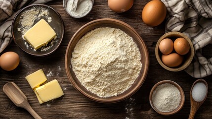 Baking ingredients on a wooden table