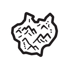 Black and white hand-drawn vector illustration of an abstract map with stylized mountains and dotted elements, isolated on white background, ideal for travel and adventure concepts.