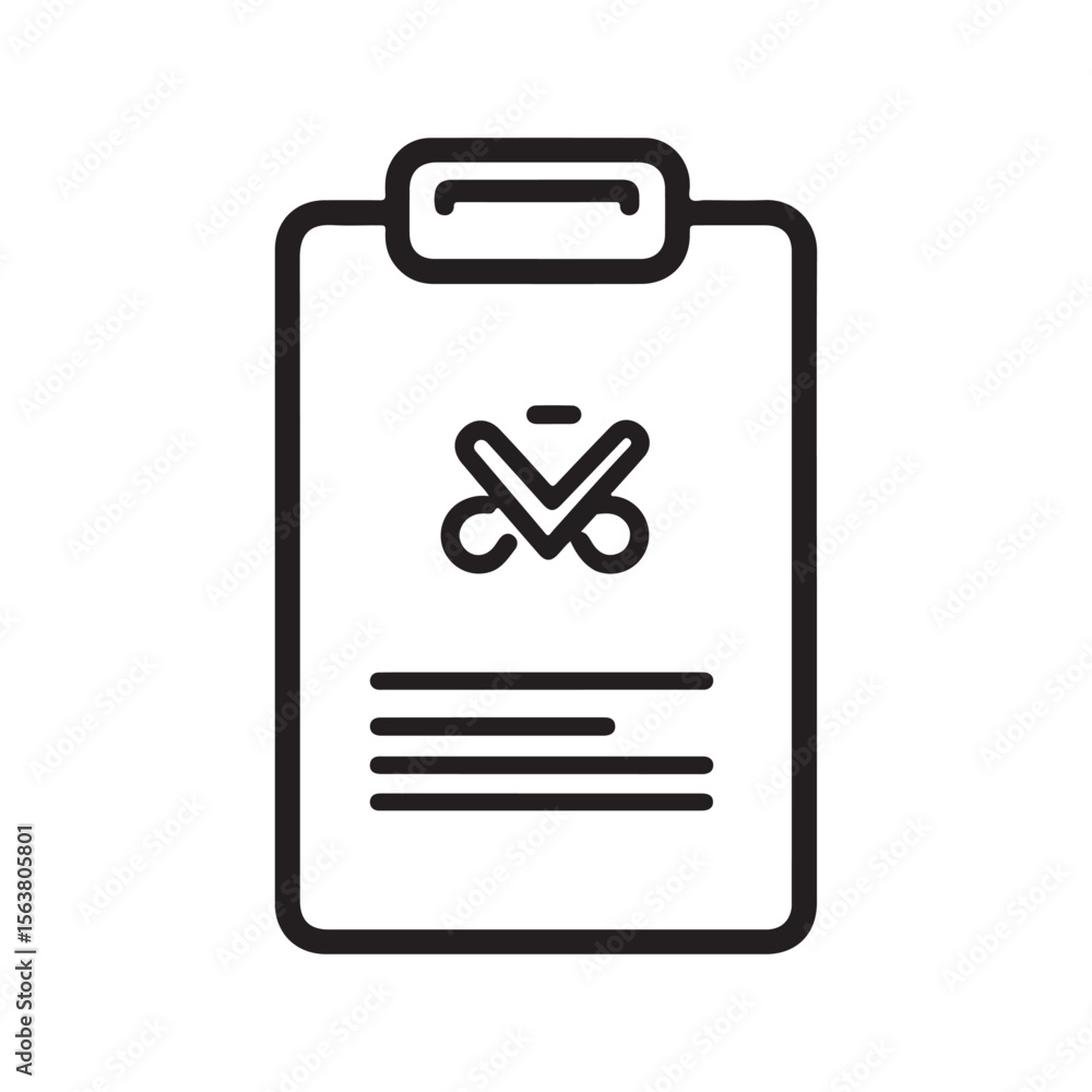 Fototapete Black and white outline vector icon of a clipboard with a document featuring a stylized symbol and text lines, representing notes or information.