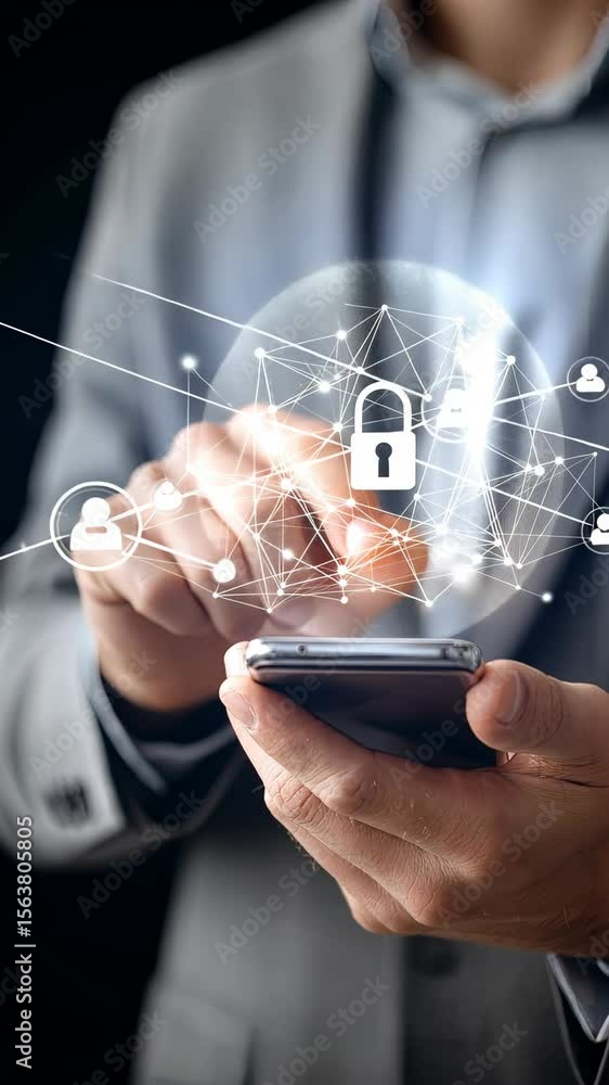 Poster person using smartphone to manage online security with digital lock icon displayed in modern setting
