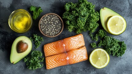 Healthy food ingredients arranged on dark surface