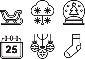 A Festive Collection of Christmas Icons Depicting Classic Holiday Symbols and Decorations in Simple Black and White