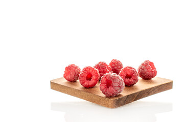 Fresh sweet raspberries isolated on white background, macro.	

