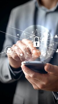 Person using smartphone to manage online security with digital lock icon displayed in modern setting