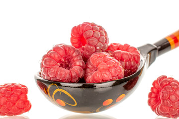 Fresh sweet raspberries isolated on white background, macro.	
