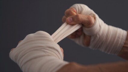 Close-up of hands wrapping white boxing bandages indoors