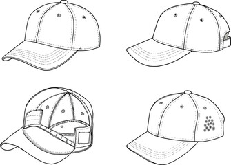 Baseball cap fashion sketch with top, side, front, rear, and inside views, structured brim, panel seams, adjustable strap illustration layout