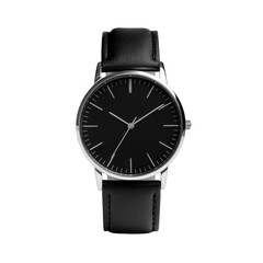 Classic black dial wristwatch with leather strap isolated on transparent background