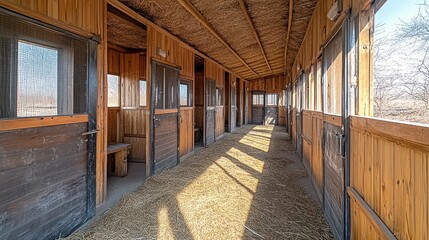 Wooden stables with straw, sunbeams