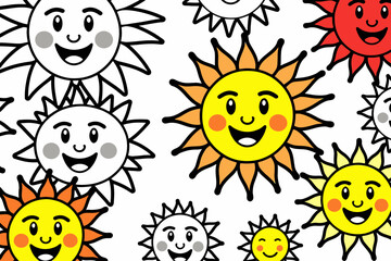 Smiling Sun Faces Seamless Pattern- Cartoon Suns with Cheerful Expressions- Sunny Day Vector Background- Kids Illustration- Summer Vibes- Cute Character Design