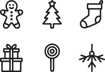 Holiday Iconography Collection A Festive Set of Christmas Symbols in Outline Style Featuring Classic Seasonal Elements for Design Projects