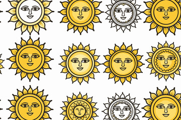 Smiling Sun Faces Seamless Pattern- Whimsical Sunshine Vector Art- Sunny Day Illustration for Backgrounds and Creative Projects- Bright and Cheerful Design
