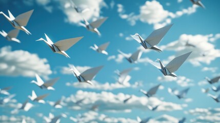 Paper cranes flying in a cloudy sky
