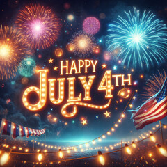 Festive July 4th celebration with fireworks and illuminated text in a vibrant atmosphere