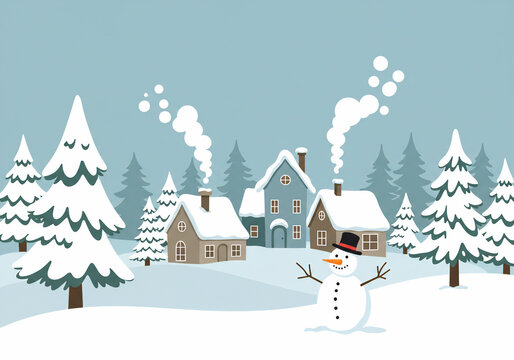 Cozy winter village scene with snowman and snowy pine trees illustration
