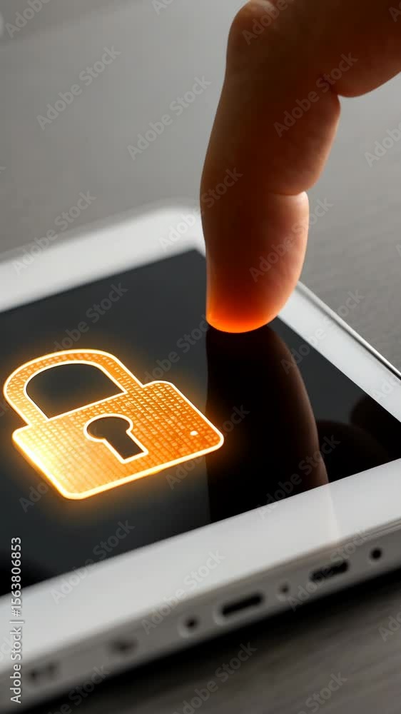 Poster enhancing digital security with touch technology on a tablet at a modern workspace
