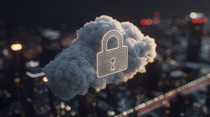 Glowing lock symbol floats within cloud over cityscape at night representing cybersecurity in cloud computing