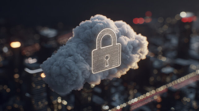 Glowing lock symbol floats within cloud over cityscape at night representing cybersecurity in cloud computing
