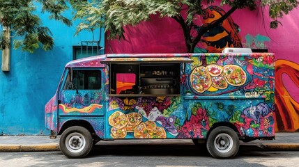 Colorful food truck parked by vibrant murals