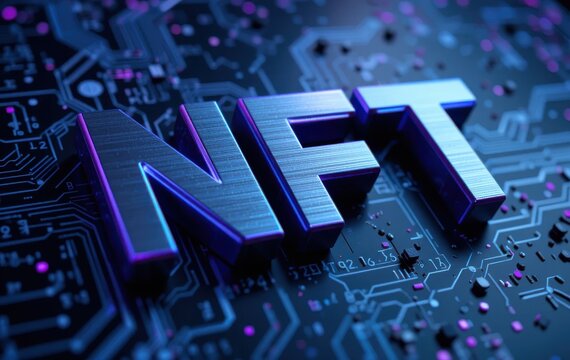 Illustrative visualization of non-fungible token technology on circuit board