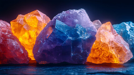 Obraz premium Vibrant close-up of multicolored crystals, showcasing their intricate textures and illuminated facets. A stunning display of nature's artistry.