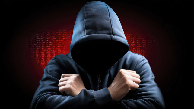 Hooded figure with crossed arms symbolizes cybersecurity against backdrop of binary code