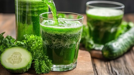 Green smoothie pouring into glasses
