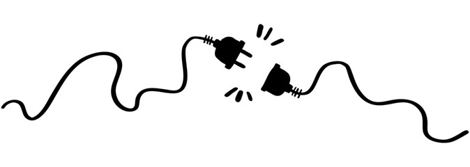 Drawing of electric plug icon and outlet socket unplugged. Doodle Electric socket with a plug. Concept of 404 error connection illustration. Hand drawn cable of energy disconnect