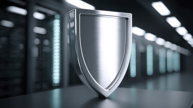 Metallic shield symbolizes robust cybersecurity in modern server room