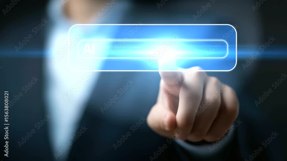 Poster businessman interacts with futuristic ai assistant and virtual search interface.