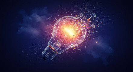 Conceptual image of a glowing light bulb exploding into particles representing innovation disruption and creative ideas on a futuristic blue background