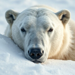 Polar bear head in snow, sharp detail on fur and nose, arctic lighting, cinematic tone, clean background