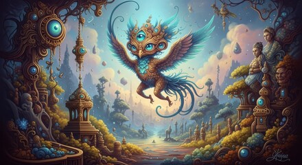 Fototapeta premium Enchanting Celestial Creature Soars Through a Mystical Alien Landscape Under a Dreamy Sky