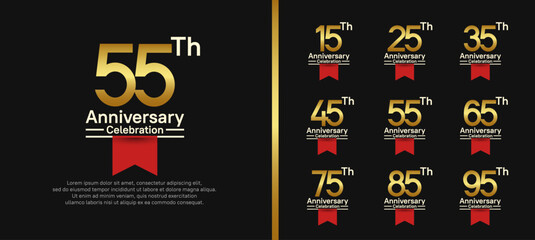 Naklejka premium set of anniversary logo style with red ribbon. vector design gold color for celebration