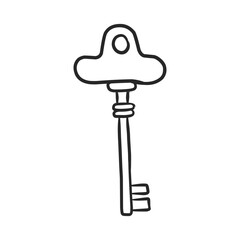Hand drawn vintage skeleton key illustration in black outline style. Ideal for Concepts of Access, Security, and Hidden Secrets