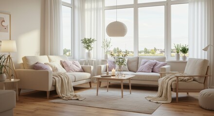 Bright and Airy Scandinavian Living Room with Natural Light and Soft Furnishings for Relaxing Comfort and Cozy Ambiance
