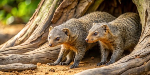 Two inquisitive mongooses peering from a weathered log's crevice, their fur blending seamlessly with the bark, creating a captivating scene of wildlife in its natural habitat.
