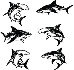 Aggressive Shark Mascot Emblem Set with Hammerhead and Great White Fierce Predator  for Sports Team Logos and Decals