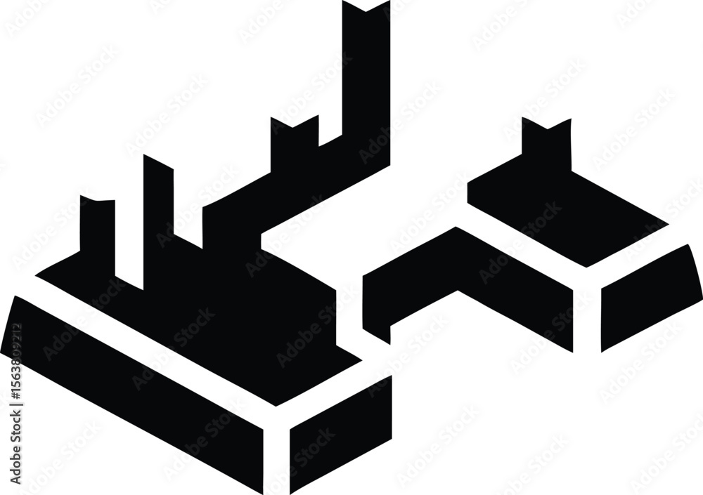 Poster abstract black and white isometric building illustration two structures connected geometric shapes m