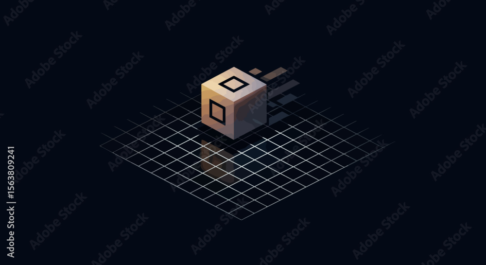 Poster futuristic isometric cube surrounded by grid on dark background