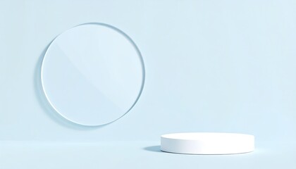 Fototapeta premium Minimalist podium and circle on light blue.