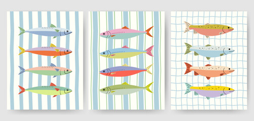 Hand drawn sardine and fish illustrations on nautical striped backgrounds. Colorful seafood poster design. Cute coastal fish decor. Summer kitchen art and seafood restaurant wall print.