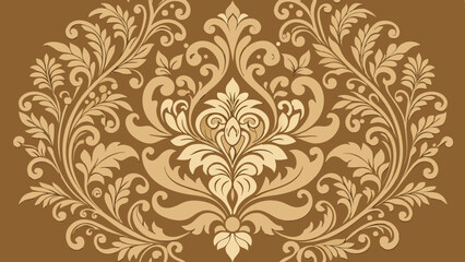 Ornate Damask Pattern in Beige Tones on Brown Background