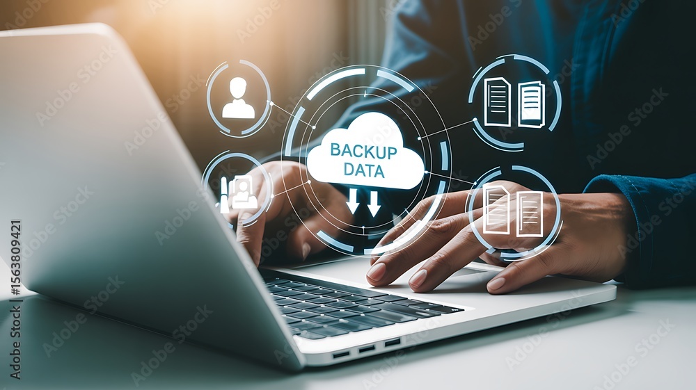 Poster person using laptop for cloud data backup and file management hands typing