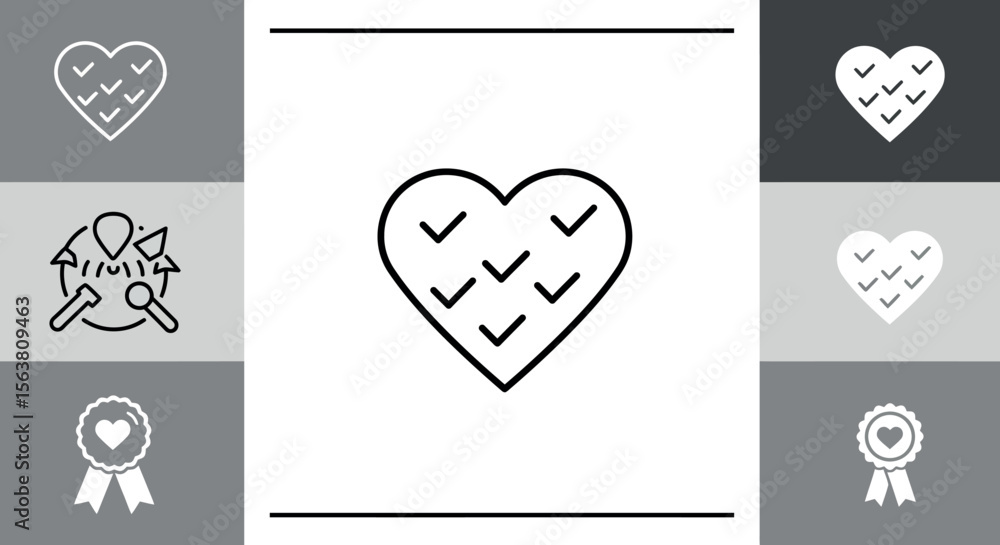 Poster linear heart symbol with check marks on monochrome background
