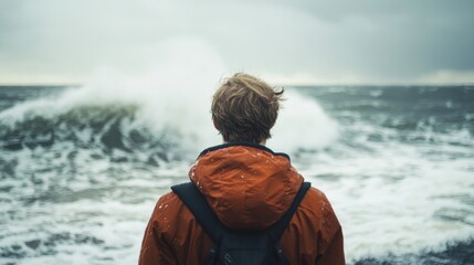 Fototapeta premium Man standing by the ocean watching waves on a cloudy day 