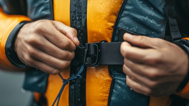 Man fastening buckle on waterproof jacket in outdoor setting - Powered by Adobe